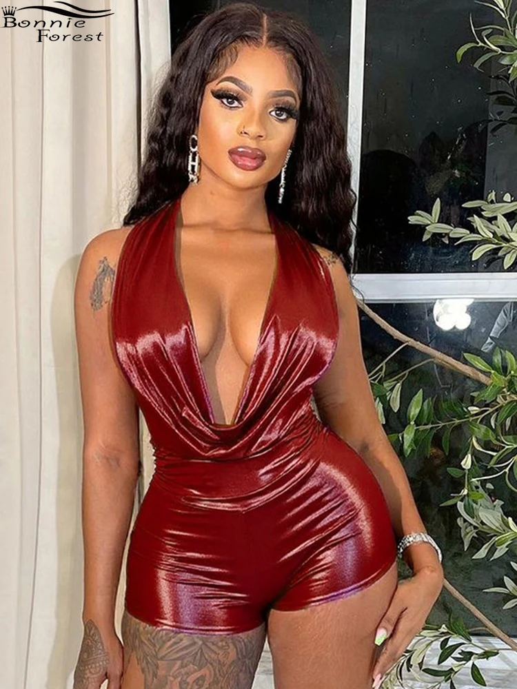 

Bonnie Forest Womens Halter Neck Shiny Metallic Rompers Glam Lace-Back Fitted Leather Playsuits Night Out Overalls Sexy Clubwear