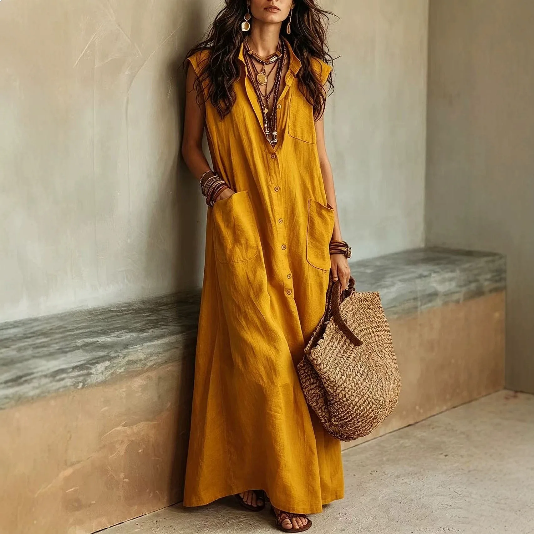 

Solid Color Off Shoulder Bohemian Button Pocket Shirt Dress Women Casual Shirt Dresses Spring Summer