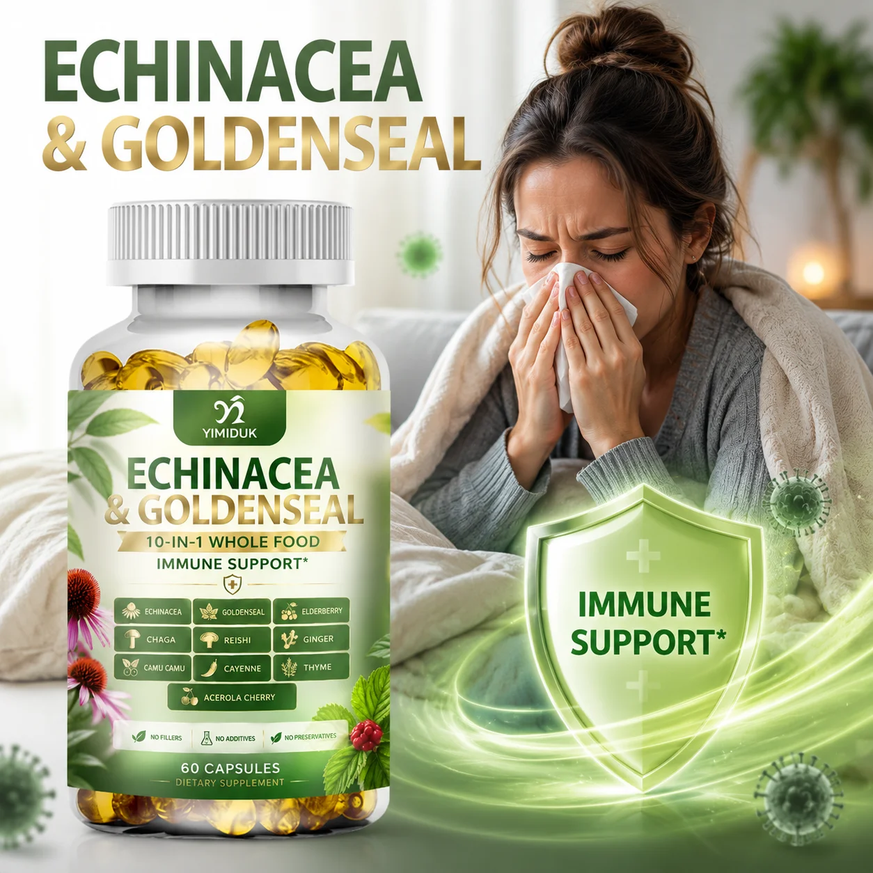 Natural Immune Booster Capsules, with Reishi Chaga Mushroom Ginger Cayenne Pepper, Support Fatigue Headache, Cold & Influenza