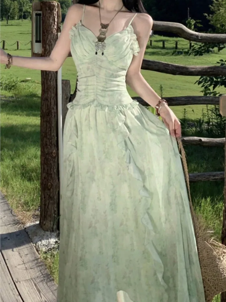 Dolce verde cinturino per spaghetti abiti da donna elegante senza maniche volant piega fata vestito da partito estate prato cortile abiti nuovo
