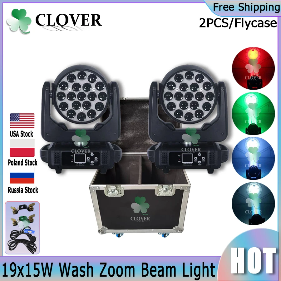 0 Belasting 2 Stuks 19X15W Led Zoom Beam Wash Met 1 Vlieg Case Cirkel Licht Controle Hoofd Mobiele Rgbw 2in1beam Professionele Dj Bar Club