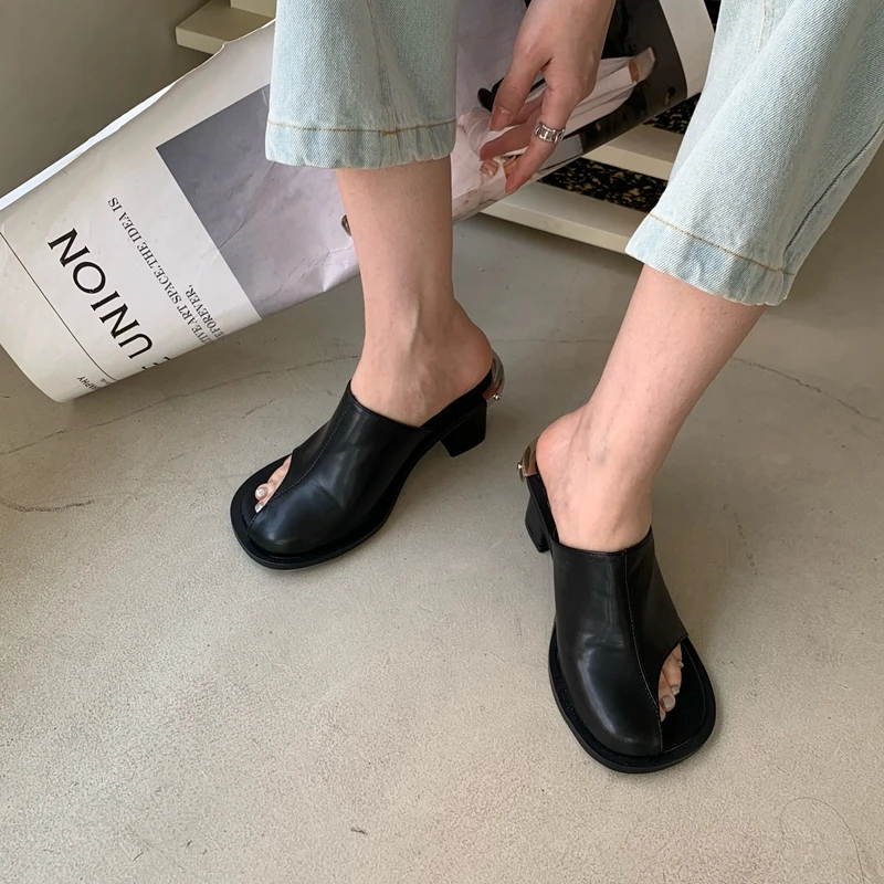 2023 French Style Fashion Women Slippers External Exposed Toe Mid Heel Shallow Lazy Slip on Boat Mules Shoes Soft Loafers