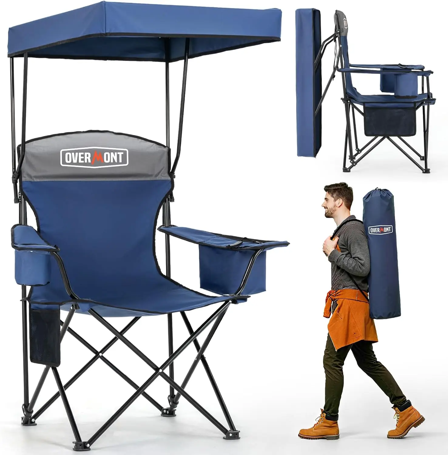 

Oversized Camping Chair with Canopy & Cooler Bag - High Back, Big Cup Holder, Portable Beach Chair for Outdoor, Supports 330lbs