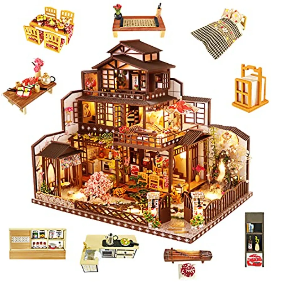 

DIY Miniature Dollhouse Kit with Furniture and LED Lights, Japanese Wooden Dollhouse Includes Dustcover and Music Box, Decent G