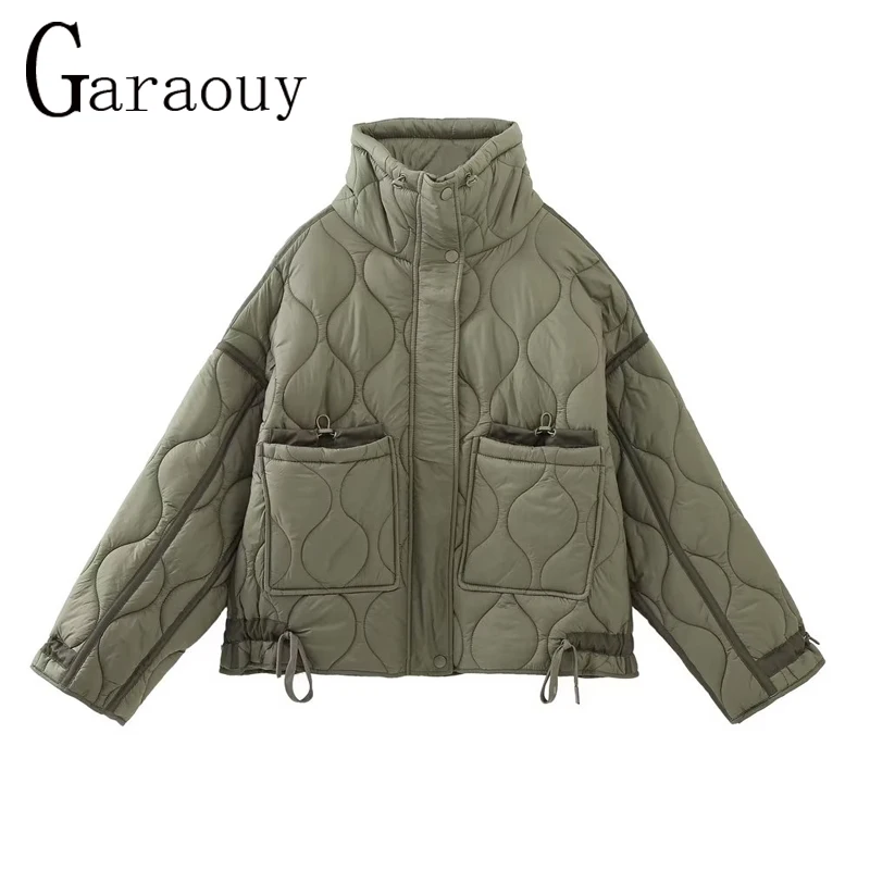 Garaouy 2023 Winter New Woman Oversized Vintage Stand Collar Parkas Jacket Large Pocket Zipper Coats Female Short Overcoat Mujer