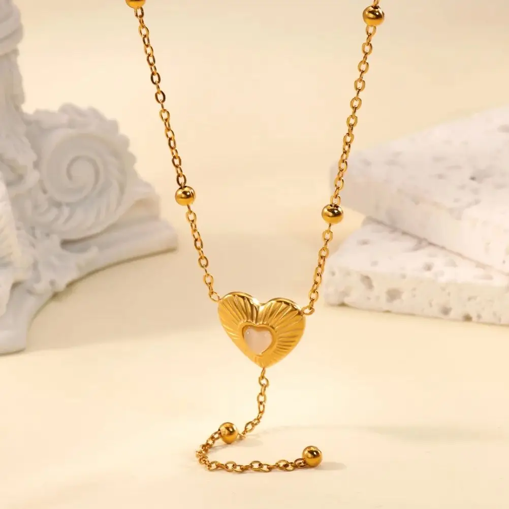 Opal Heart Tassel Necklace For Women Stainless Steel Gold Color Bead Chain Heart Pendant Choker Fashion Party Jewelry Gift