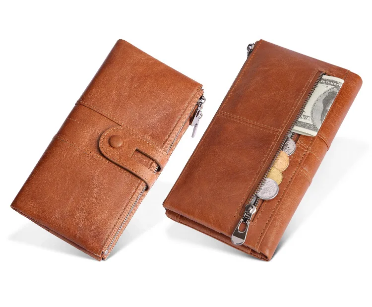 Retro genuine leather women's wallet, holding men's mobile phones, multi-functional rfid simple long buckle zipper wallet