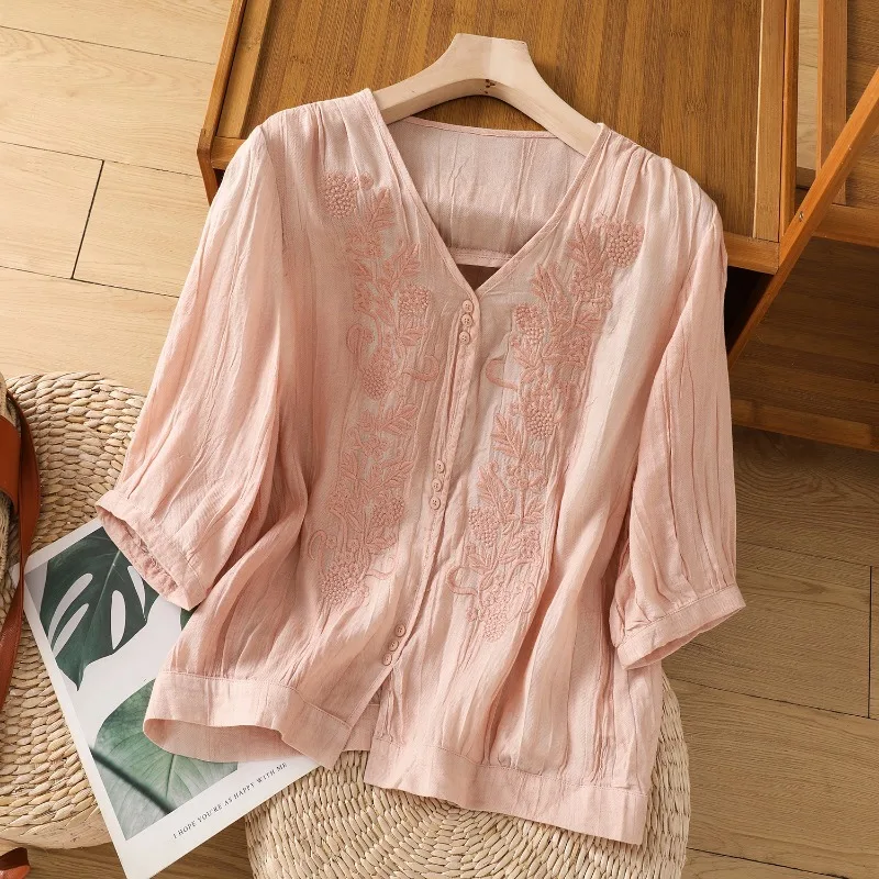 Cotton and Linen Embroidered Shirt Women's Summer New Chinese Style Retro Casual Loose Thin V-neck Cardigan Short Sleeve Top