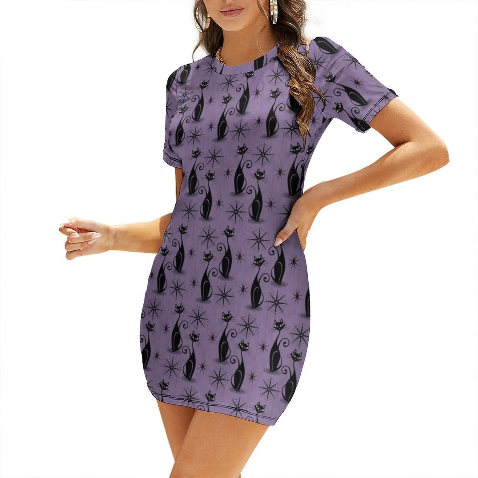 

Retro Spooky Meow - Distressed Purple Short Sleeved Dress dress for woman dress summer