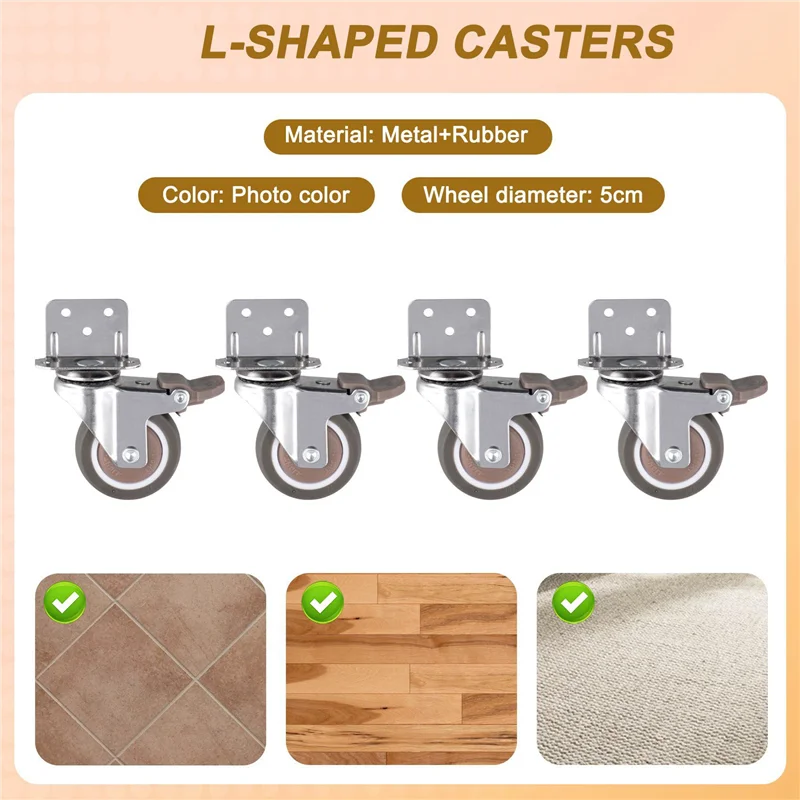 M04K Side Mount Casters, 2 Inch Furniture Wheels, Lshaped Rubber Casters Set Of 8, 360-Degree Locking Swivel Top 8Pack