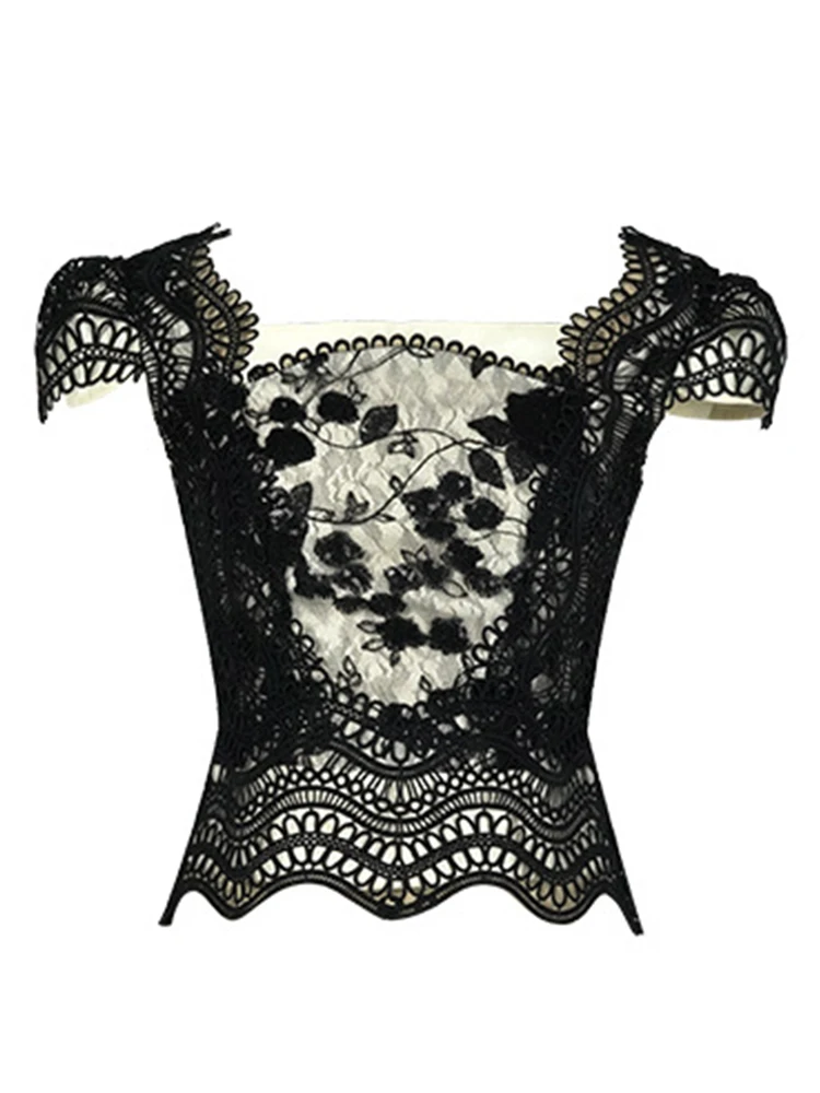 Maglietta da donna Socialite Sweet Birthday Party Maglietta femminile carina con gancio nero Fiore maniche corte Data Top Lady Prom Club Camicetta Femme