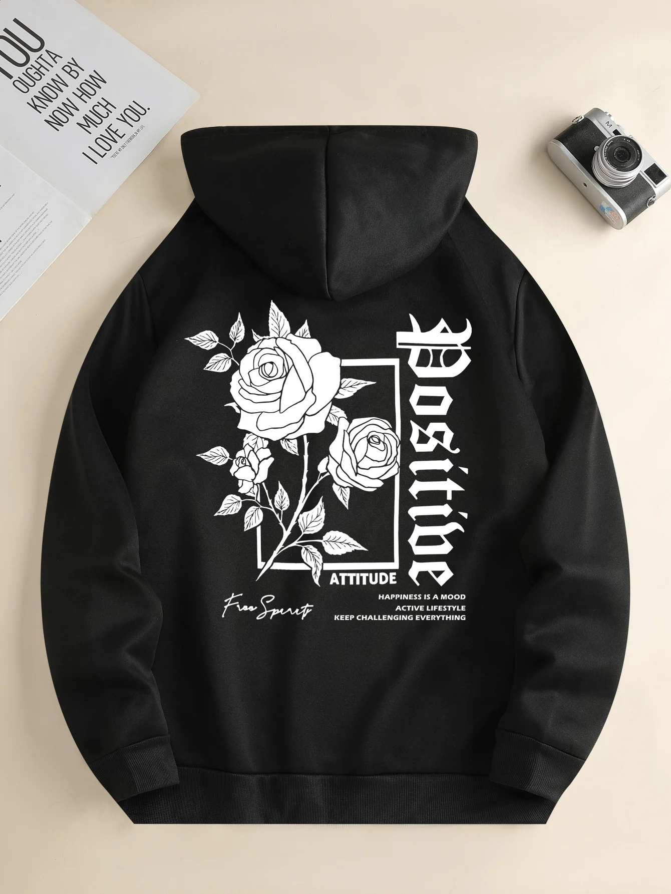 Men's new fashion hoodie, casual daily drawstring hooded sweatshirt, Rose Print, front kangaroo pocket, men's jacket