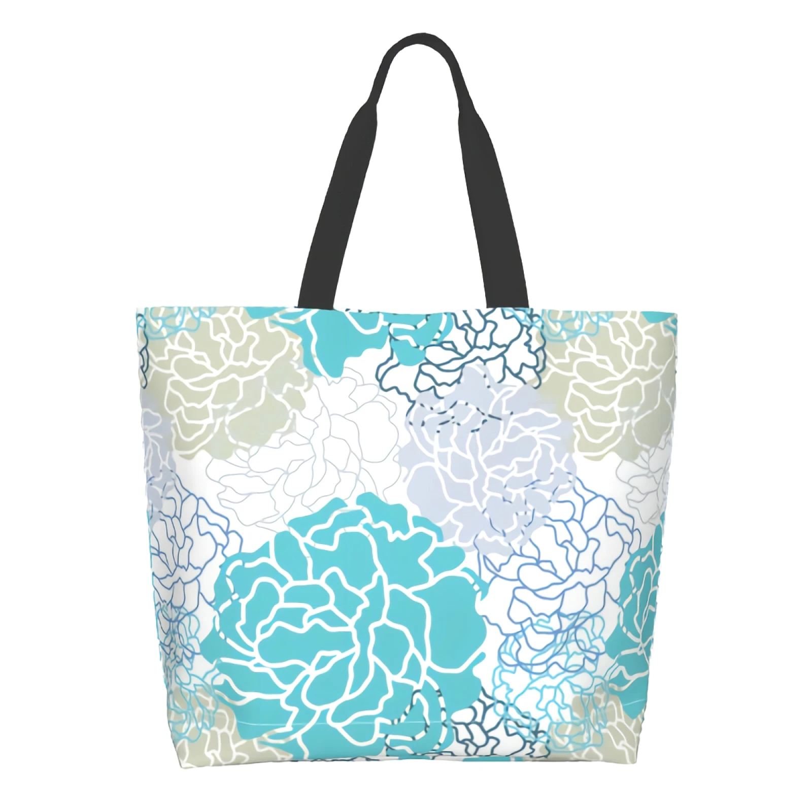 Abstract Blue Grey Flower Dahlia Botan Floral Bright Color Canvas Tote Bag for Women Weekend Kitchen Grocery Bags