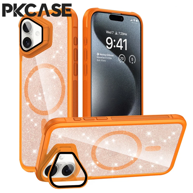 

PKCASE For MagSafe Magnetic Ring Phone Case For iPhone 16 15 14 Plus 13 12 11 Pro Max Glitter Acrylic Stand Shockproof Cover