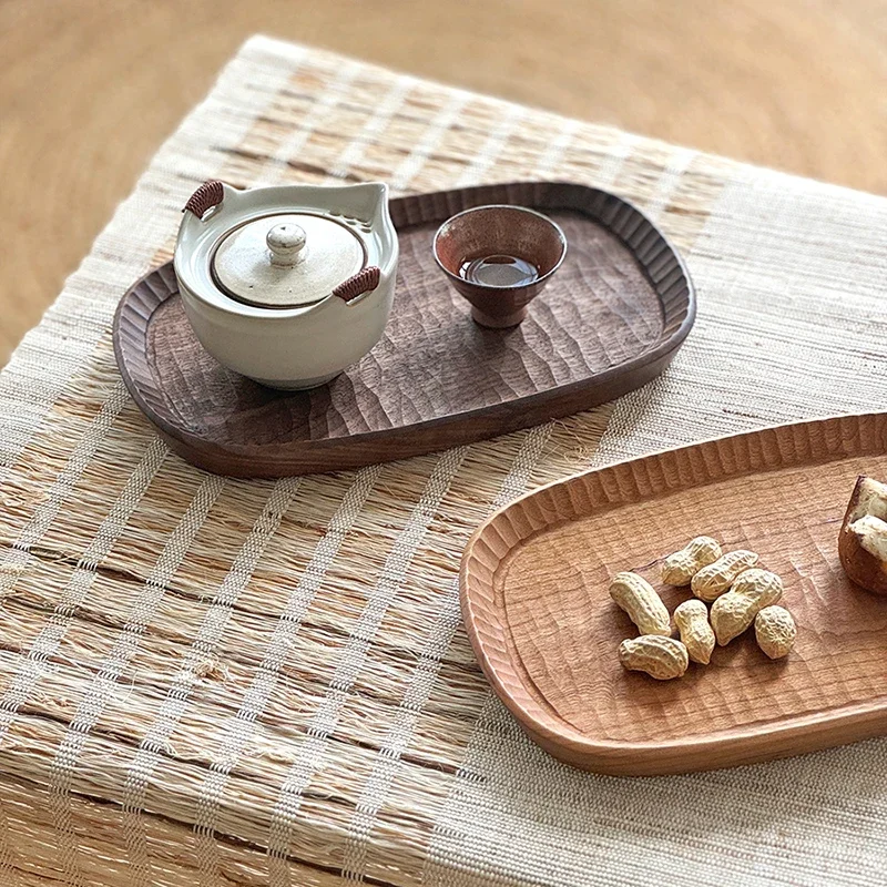 Japanese Black Walnut Tea Tray Solid Wood Serving Platter for Snacks Cherry Wood Carved Dessert Plate Storage Trays for Home