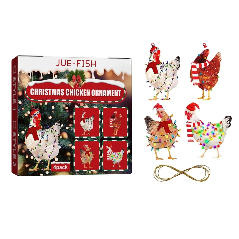 Christmas Scarf Chicken Decoration Hanging Ornaments Set Festive Holiday Decor and Gifts with Ropes 4CPS/SET