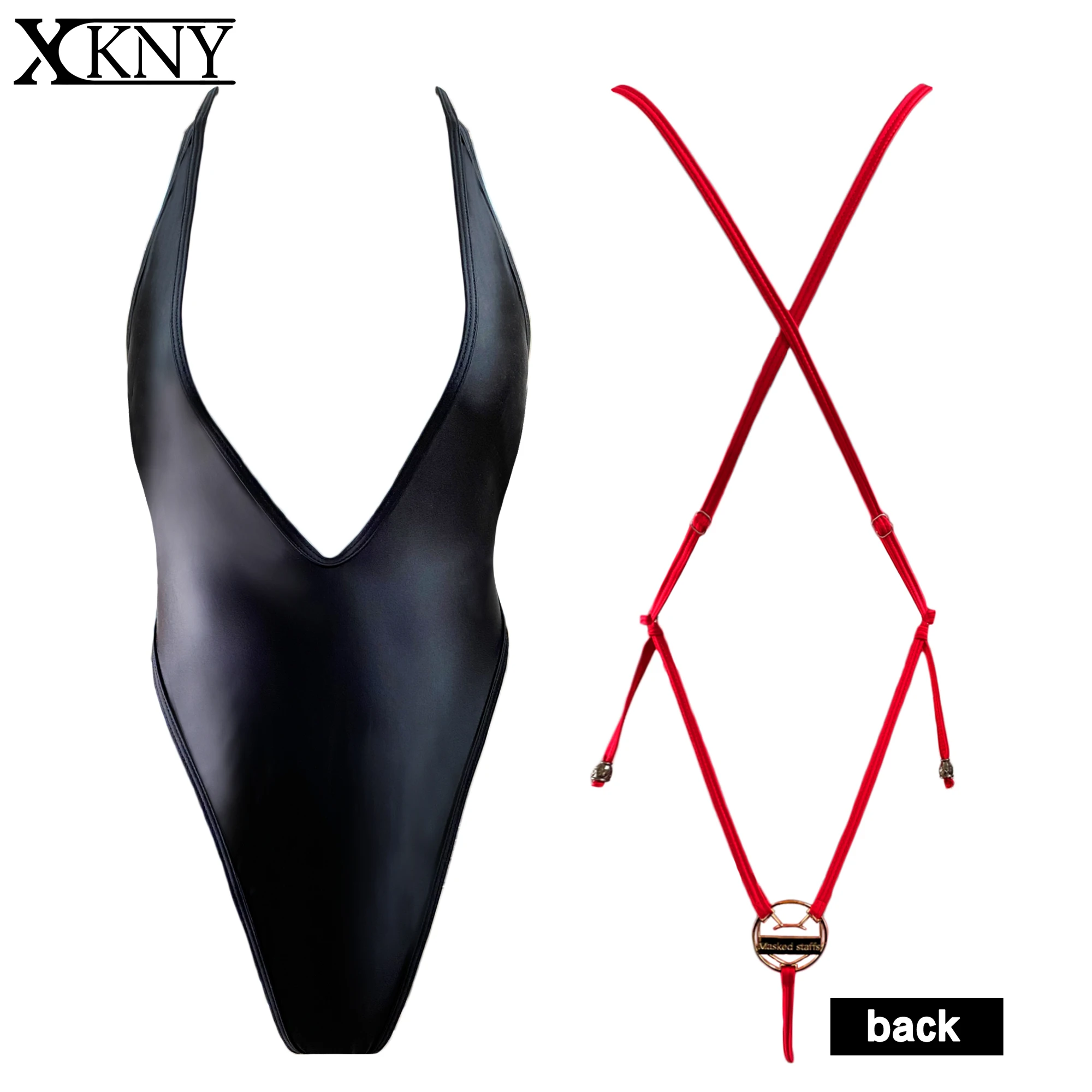 XCKNY Satin One Piece Swimwear Silk Shiny Bathing Suits High Elasticity Bodysuit Ultra low cut strapped T-shaped glossy swimsuit