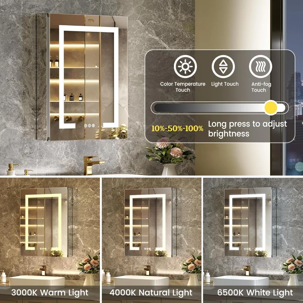 خزانة طبية مضاءة بإضاءة LED مقاس 20 × 26 مع أضواء ومنافذ USB، مرآة خزانة طبية مثبتة على السطح أو الحمام