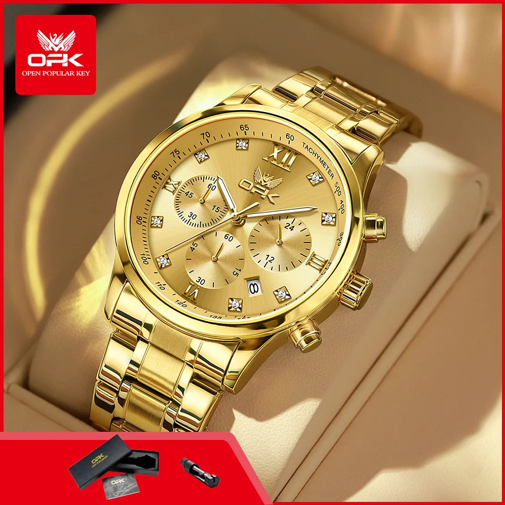 OPK 8185 Men's Business Quartz Watch Waterproof Chronograph Stainless Steel Strap Luxury Man Wristwatches