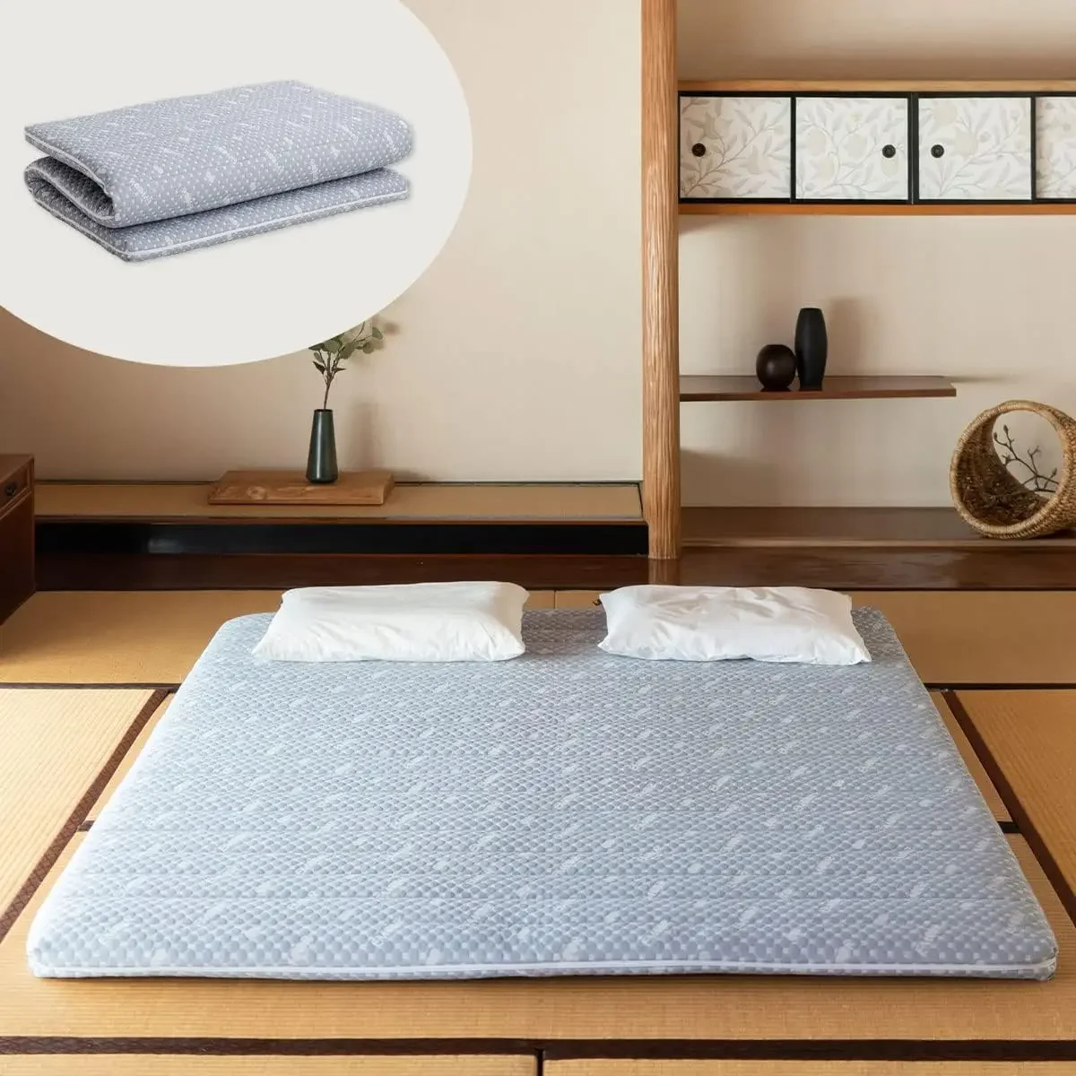 Hybrid Futon Mattress, High-Resilience Urethane Foam 150N with Washable Padded Cover, Queen, Tatami Floor Sleeping Mat Pad