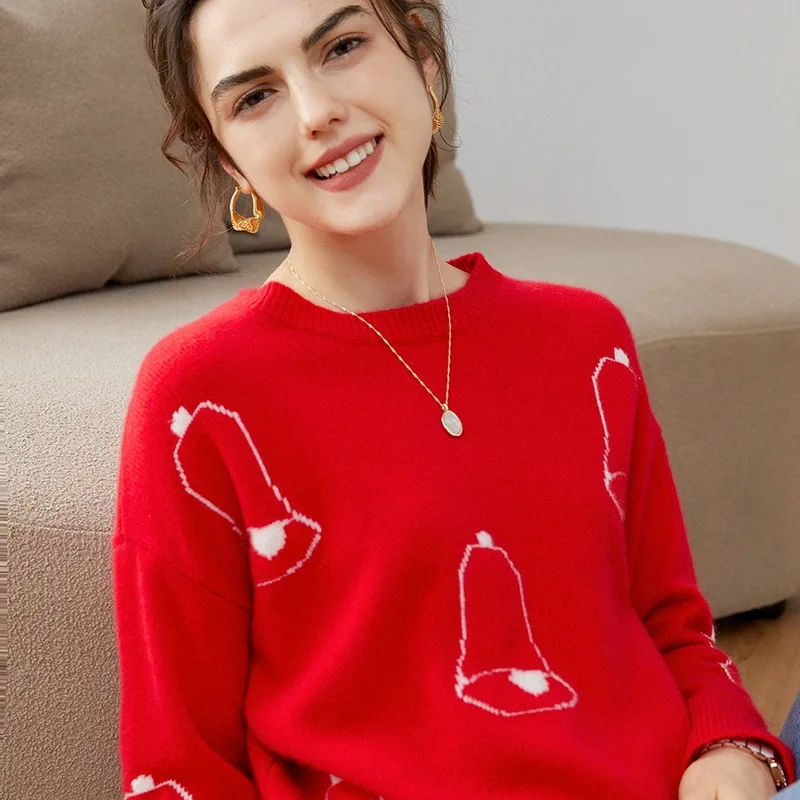 Holiday Party New Year Red Women Clothes Cashmere Christmas Sweater Loose Xmas Knit Top Pullovers Christmas Bells