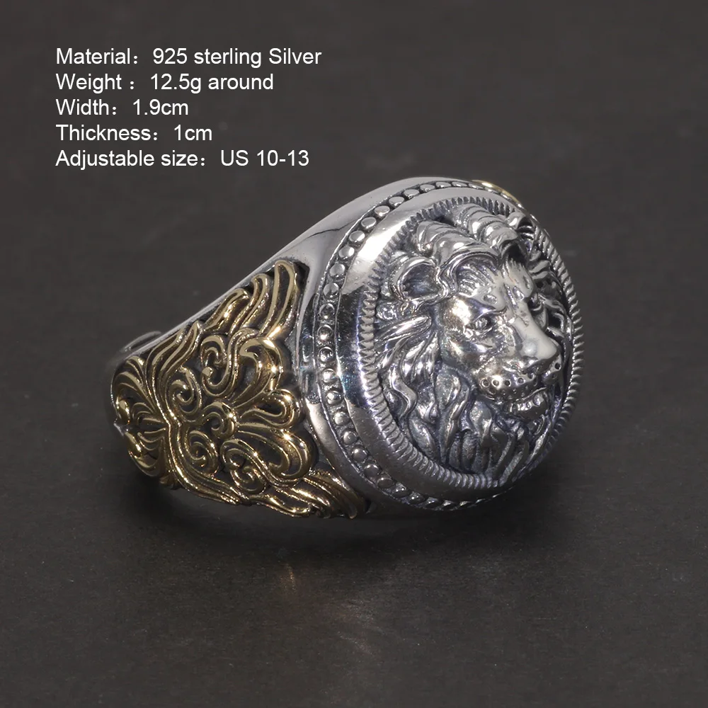 925 Sterling Silver Lion Ring for Men Vintage Pattern Adjustable Steam Punk Fine Jewelry