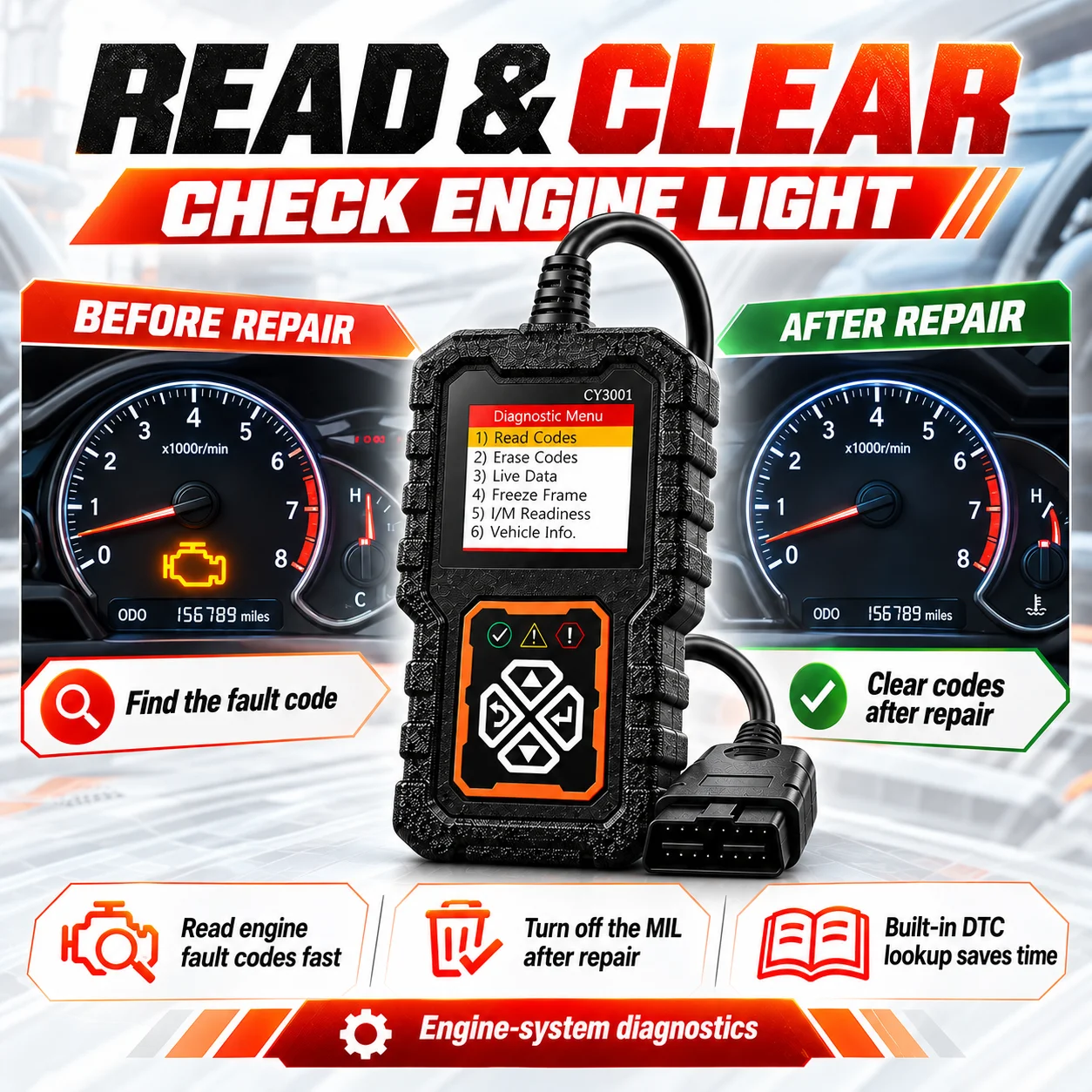 CY3001 OBD2 Car Scanner Automotive Diagnostic Tool Engine Code Reader Fault Code Clearer Check Engine Light Tester