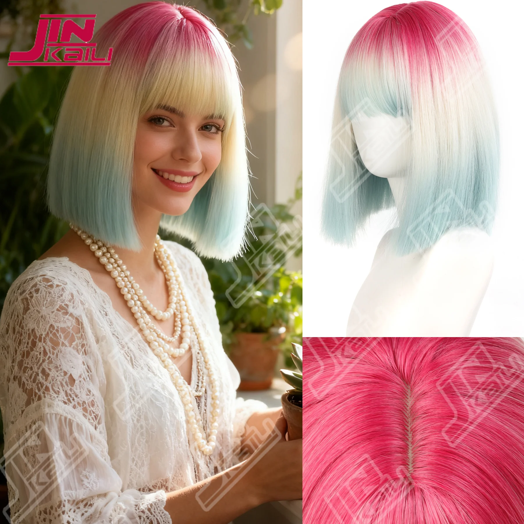 JKL Pink gradient blue Short Straight Hair Wig for Women with Bangs Gradient Highlights Lolita Bob Wigs Synthetic Wig Pastel