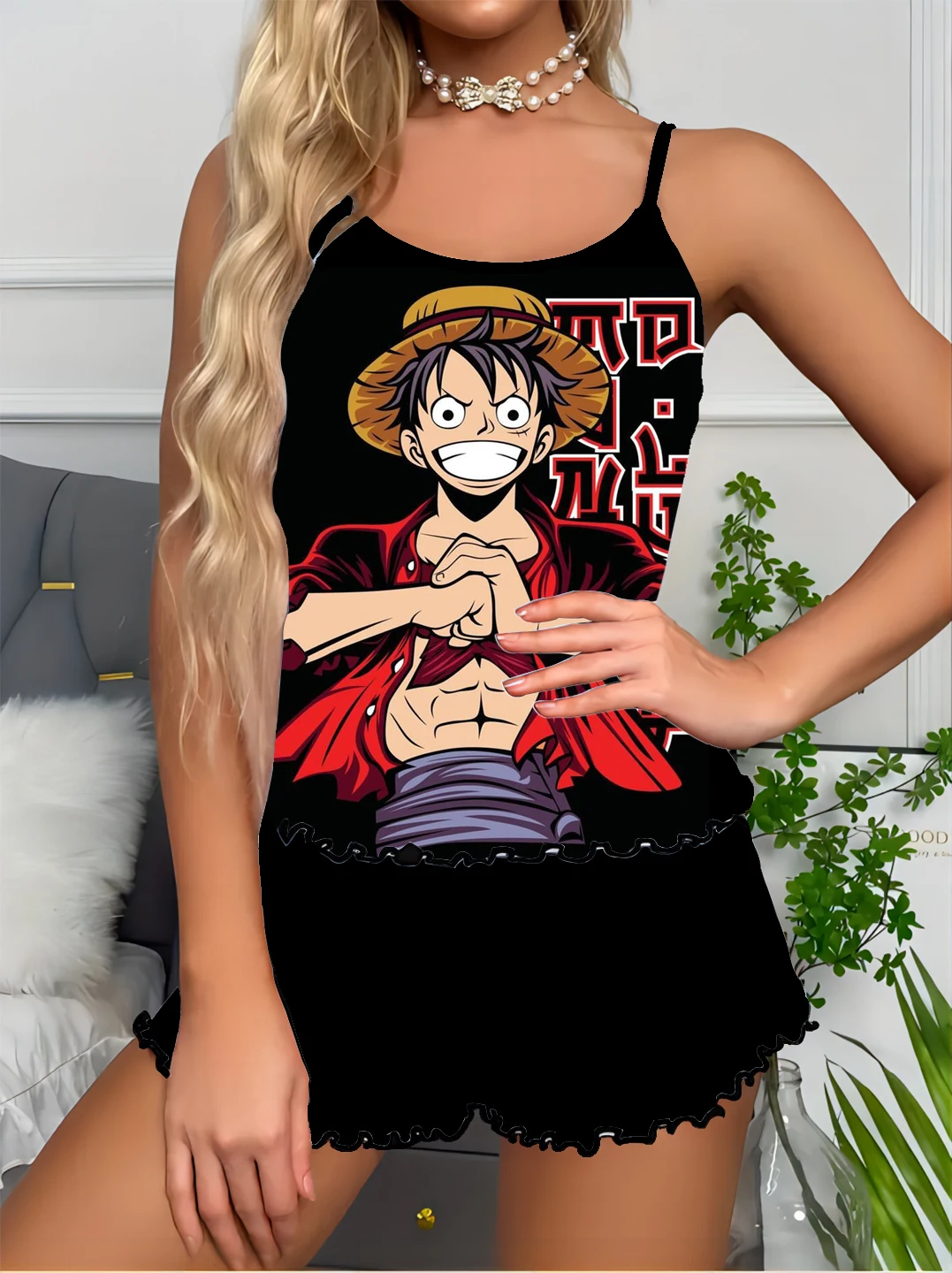 One Piece Luffy girls suspender tops and shorts, night sleep clothes, summer new women's casual satin pajamas suits