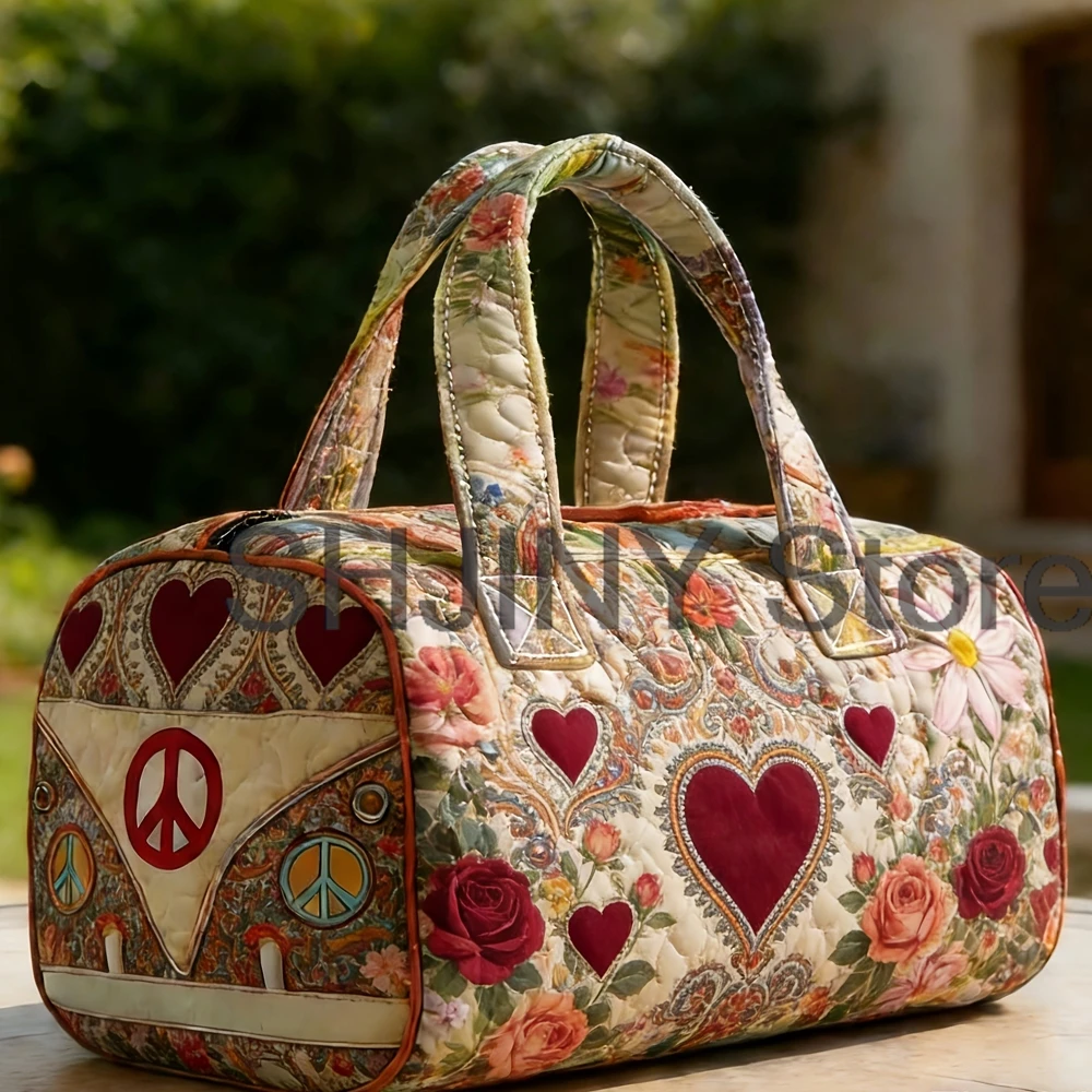 

Bohemian Style Heart Quilted Duffle Bag Floral Print Travel Tote Handbag Men Women Weekender Bag
