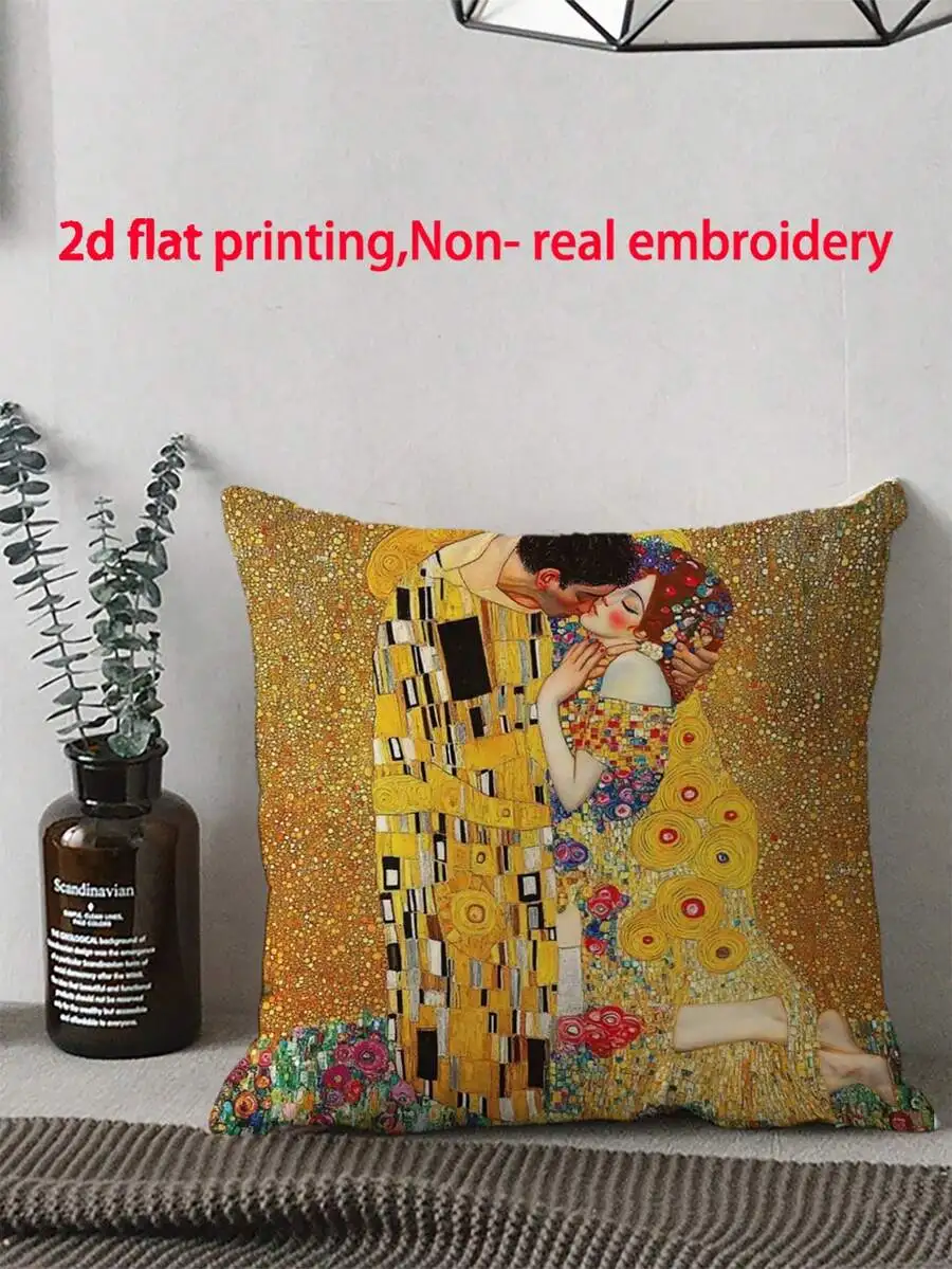Gustav Klimt The Kiss Cushion Cover Art Painting Pillow Case Golden Decorative Home Decor for Living Room Bedroom