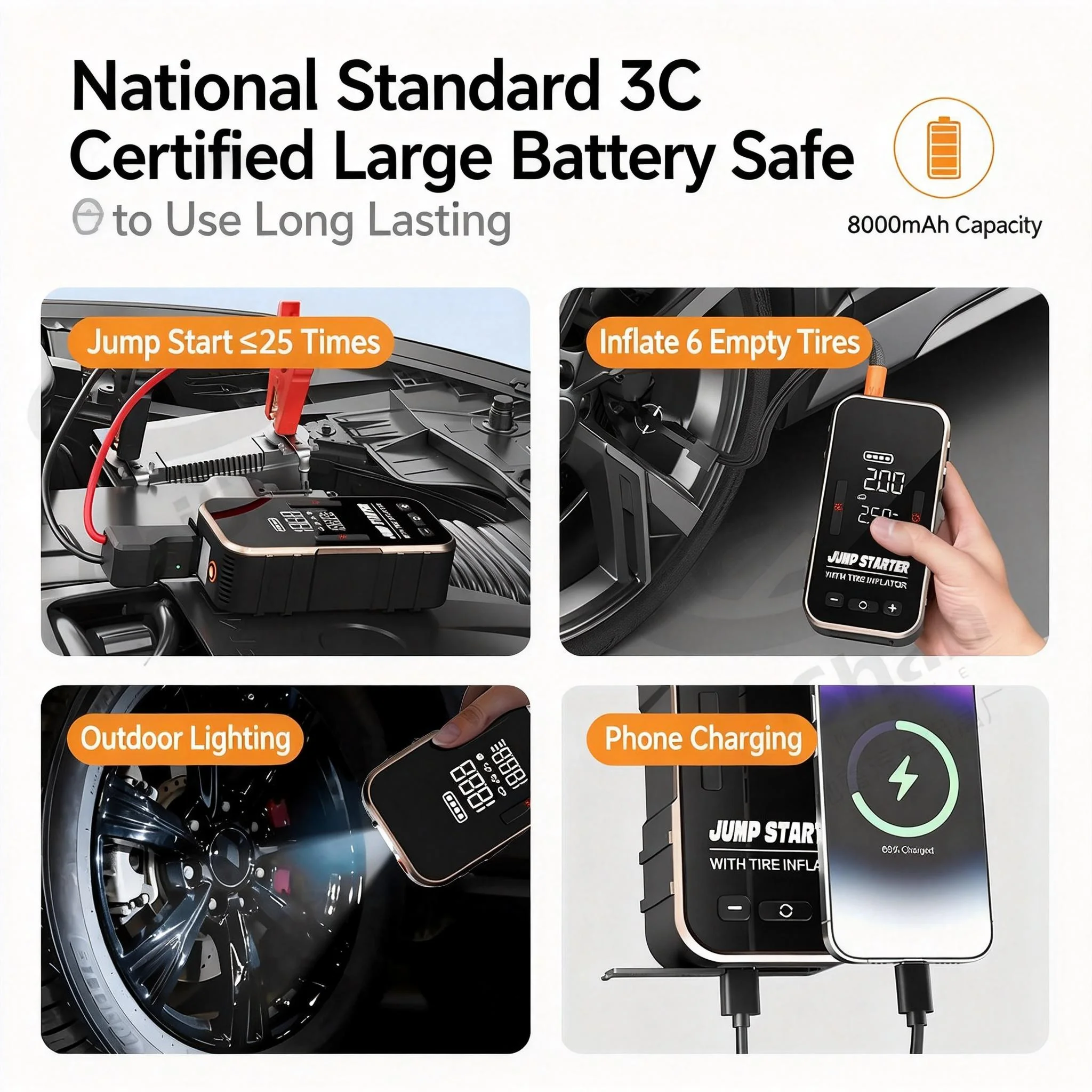 12V Car Jump Starter with Air Compressor - 2-in-1 Emergency Battery Booster, Tire Inflator & Portable Power Bank