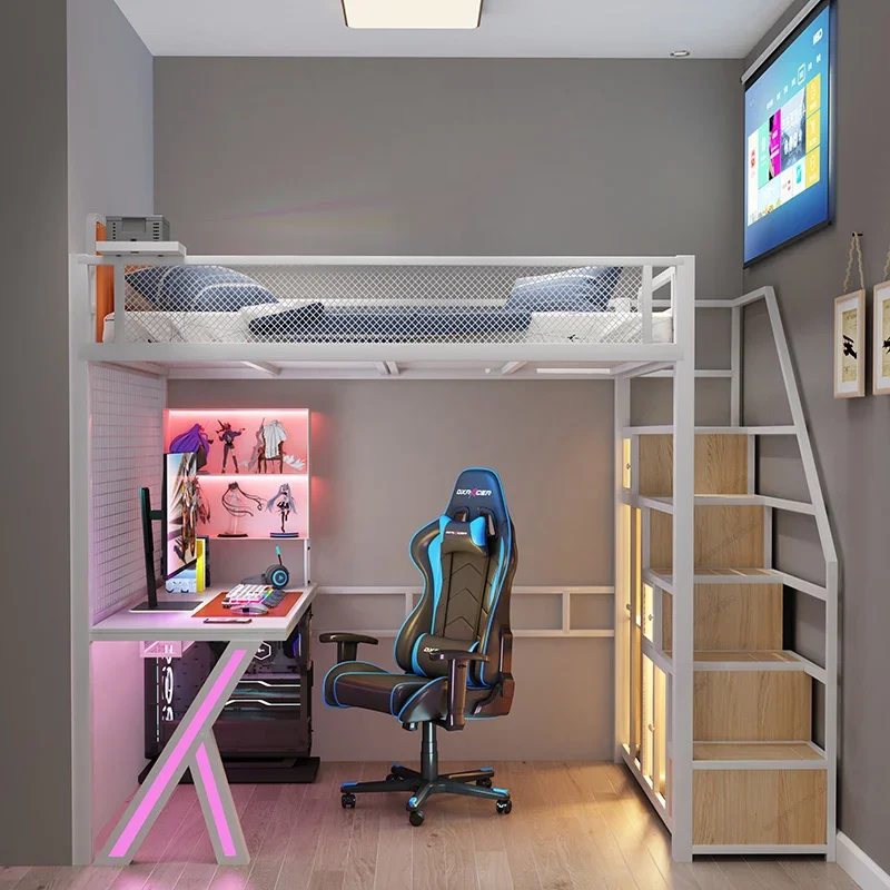 Tillais e-sports loft bed, multi-functional space-saving small apartment pavilion bed, modern and simple wrought iron on the bed