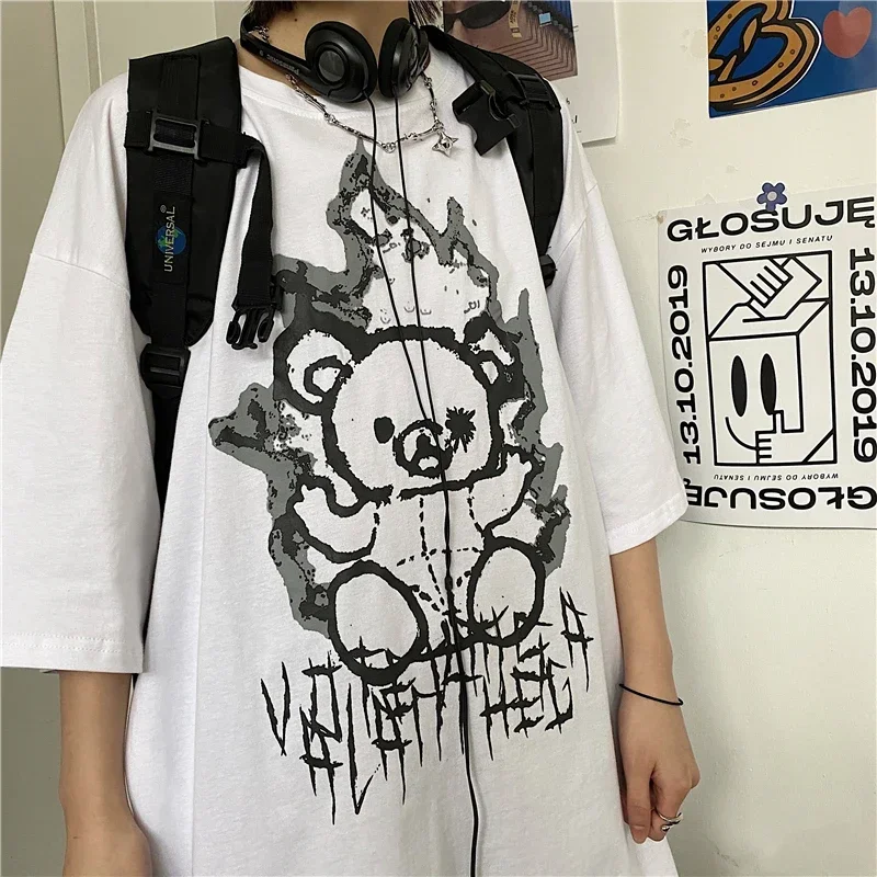 Vintage Korean Clothes Women T-Shirt Goth Y2K Anime Harajuku Tops Anime Cartoon Graphic Print Oversized T-shirt Short Sleeve
