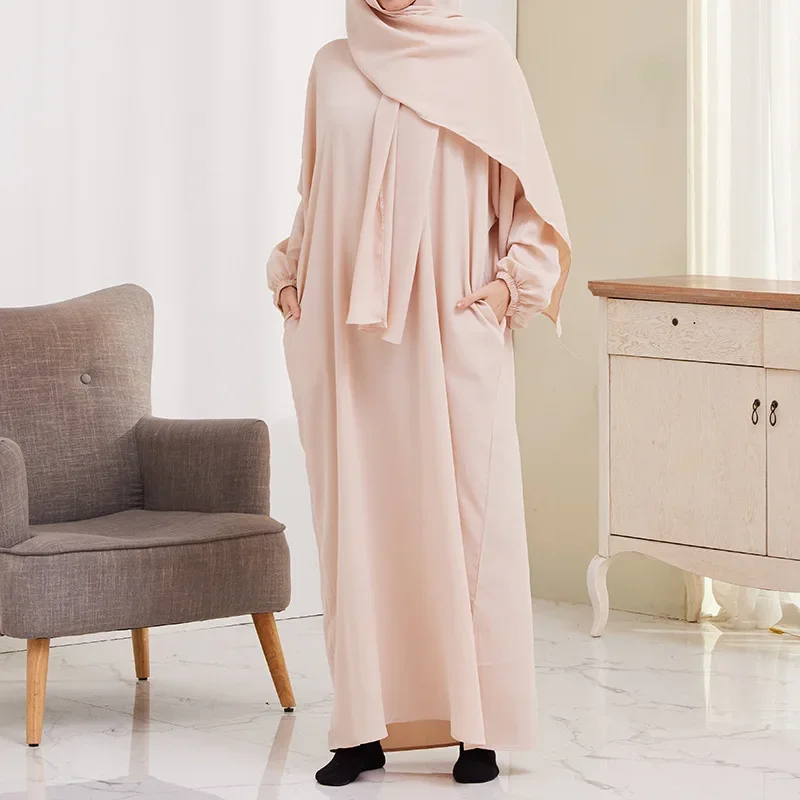 Eid 2 Piece Abaya Matching Muslim Sets Hijab Dress Open Abayas for Women Dubai Turkey Short Sleeve Inner Dresses African Islam