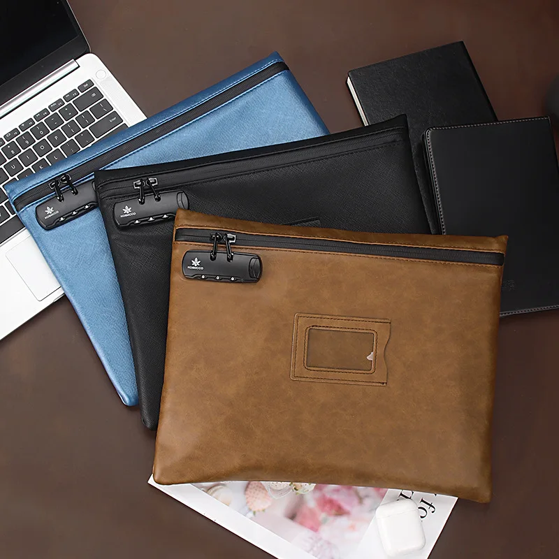 PU Leather Lockable Document Bag A4 Waterproof File Pouch with Combination Lock 34 x 27 cm Carry Handle for Office Business