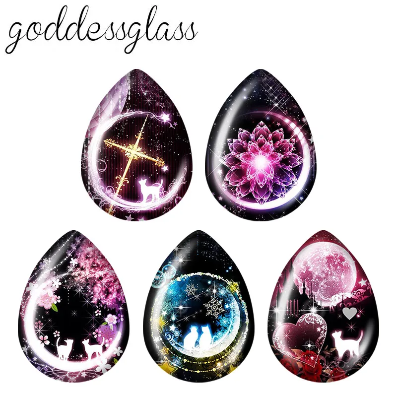 5pairs Beauty Moon style cats Flowers castle Tear Drop Photo Glass cabochon flat back for DIY Earrings Jewelry Making Findings