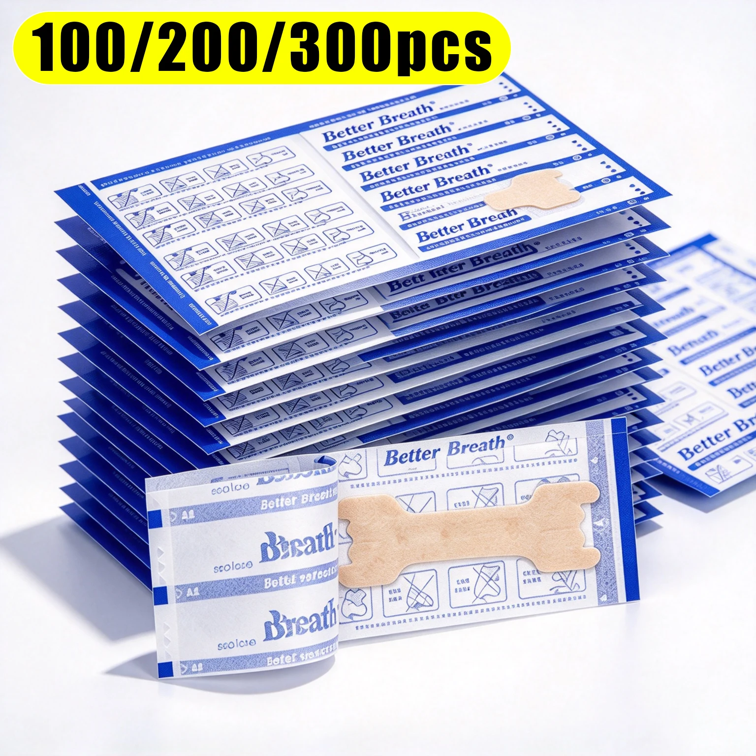 Better Breath Nasal Strips Anti-Snoring Sleep Aid - 100/200/300 Pcs Nighttime Nose Patches for Easier Breathing And Sleep Suppor