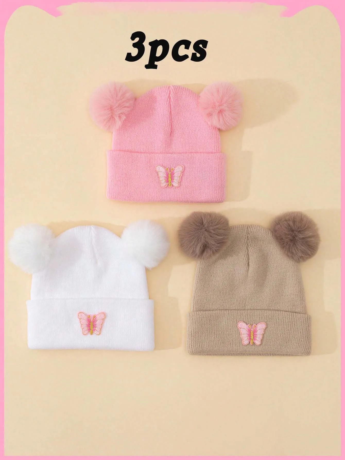3Pcs Unisex Kids Double Pom Pom Knit Hats 1-6Y Embroidered Butterfly Cute Soft Yarn Beanies Warm Winter