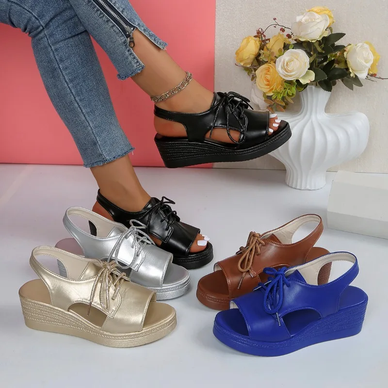 

Женские босоножки на высоком каблуке 2026: летняя мода, открытый/круглый носок, однотонные, на шнуровке спереди, большие размеры до 43