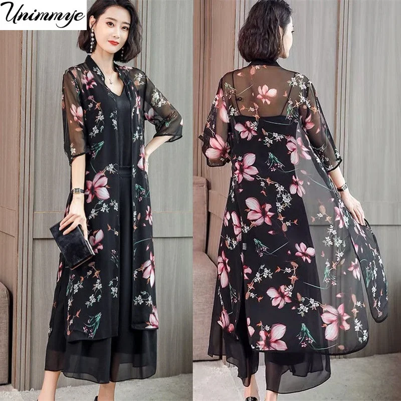 

2024 Summer New Chiffon Women Sun Protection Clothing Female Long Beach Cardigan Wild Printing Splicing Thin J325