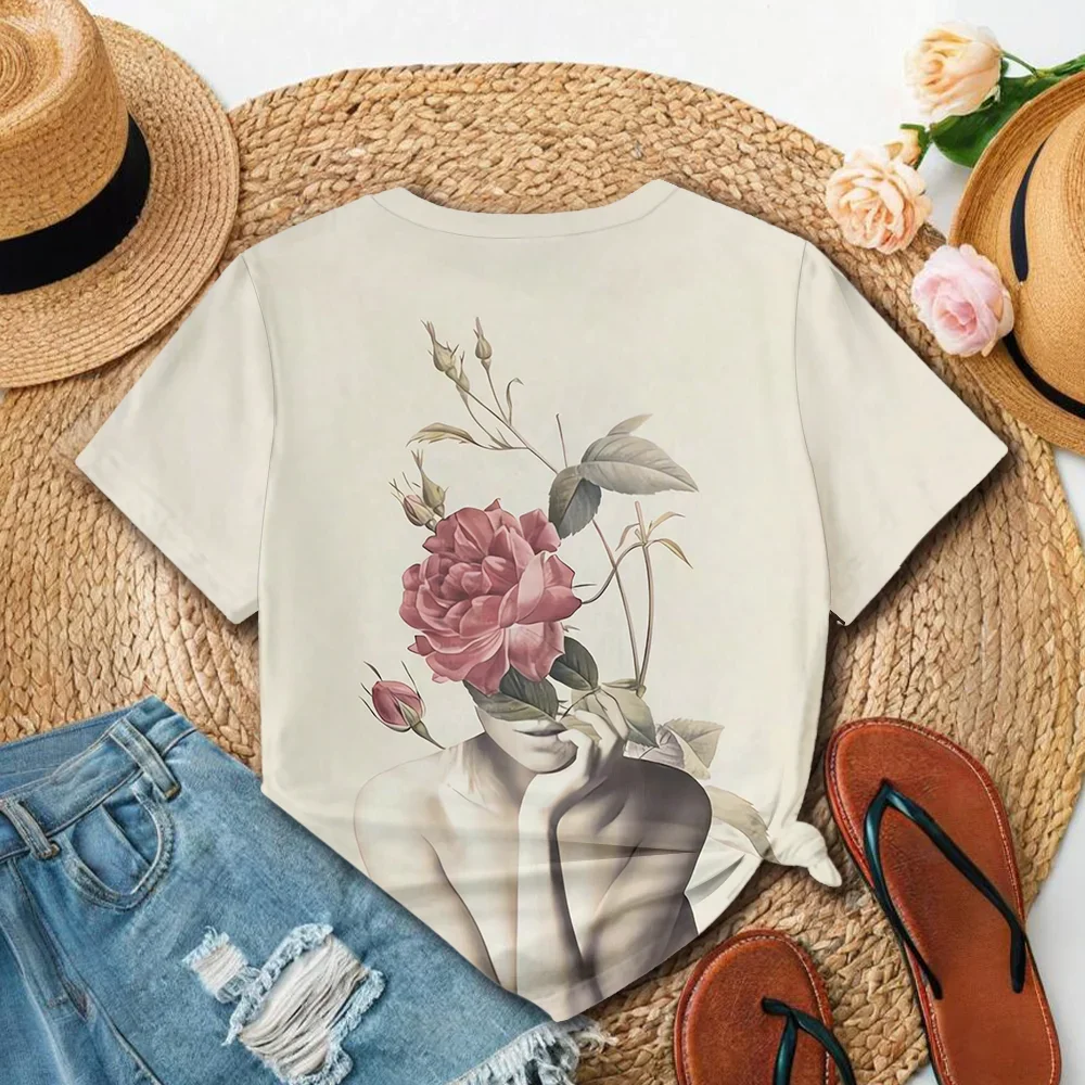 Kaus Wanita Gambar 3D dengan Ukiran Krem dan Desain Bunga Seni Gaya Kasual Musim Panas Leher Bulat Lengan Pendek Atasan Y2k