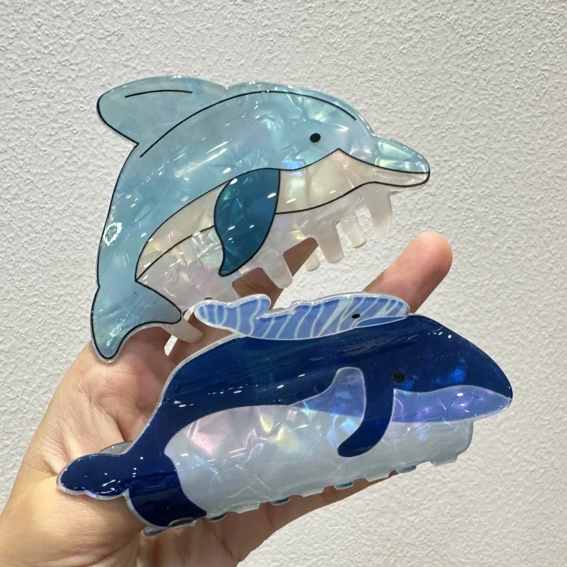 Pinza para el pelo de delfín de acetato, pinza para el pelo de delfín azul acrílico, Clip de tiburón de Animal del océano de dibujos animados, accesorios para el cabello de cola de caballo