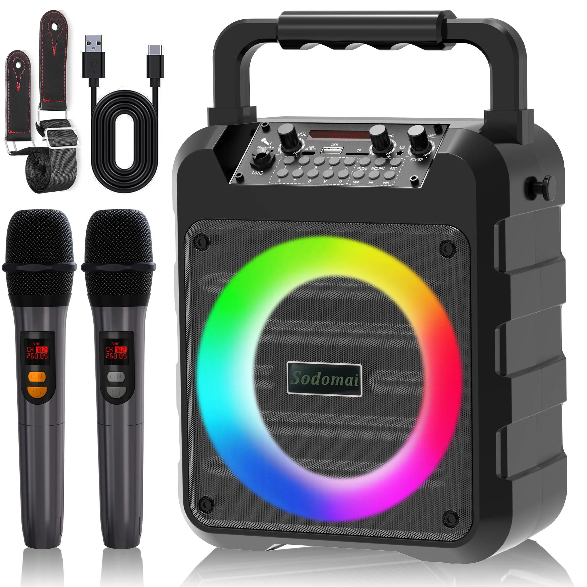 Karaoke Machine with 2 Wireless Karaoke Microphones, Portable Bluetooth Speaker Home Karaoke System with RGB Colorful Light 