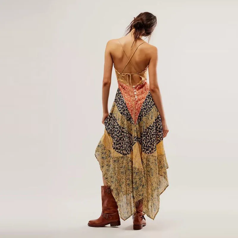 Sexy decote em v sem mangas magro bohe vestido de férias vintage sem costas plissado impressão vestido longo elegante irregular vestido de festa feminino