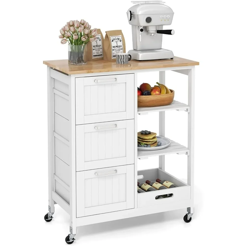 

Kitchen Island Cart on Wheels w/Storage,2 Removable Shelves & Removable Tray, 3 Drawers, Lockable Casters, Rolling Kitchen Table