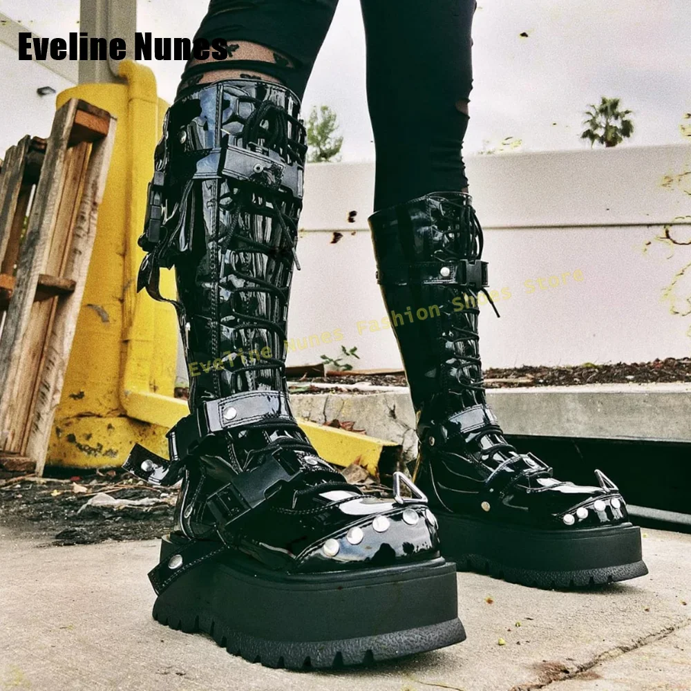 Metal Decoration Pocket Punk Motorcycle Boots Round Toe Thick Sole Buckle Cross Tied Couple Knee High Boots Heavy Work Y2K 2026