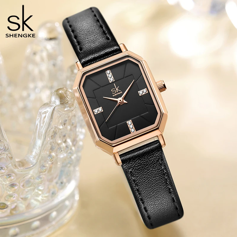 Shengke-relojes de cuarzo con correa de cuero para Mujer, pulsera de lujo, color negro, envío directo