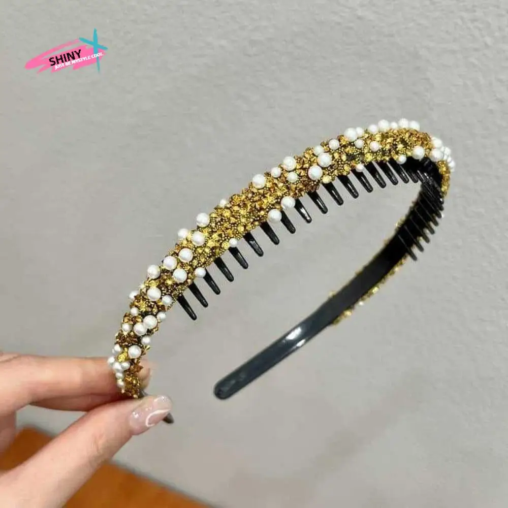 

Sweet Rhinestones Antislip Hairband Pearl Plastic Crystal Teeth Headband Thin Korean Style Headwear Face Wash Hair Hoop