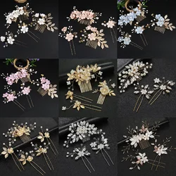 Floral Hair Comb U-shaped Hairpin Wedding Hair Accessories For Women Pearl Crystal Tiaras Bride Hair Jewelry Set marriage bijoux